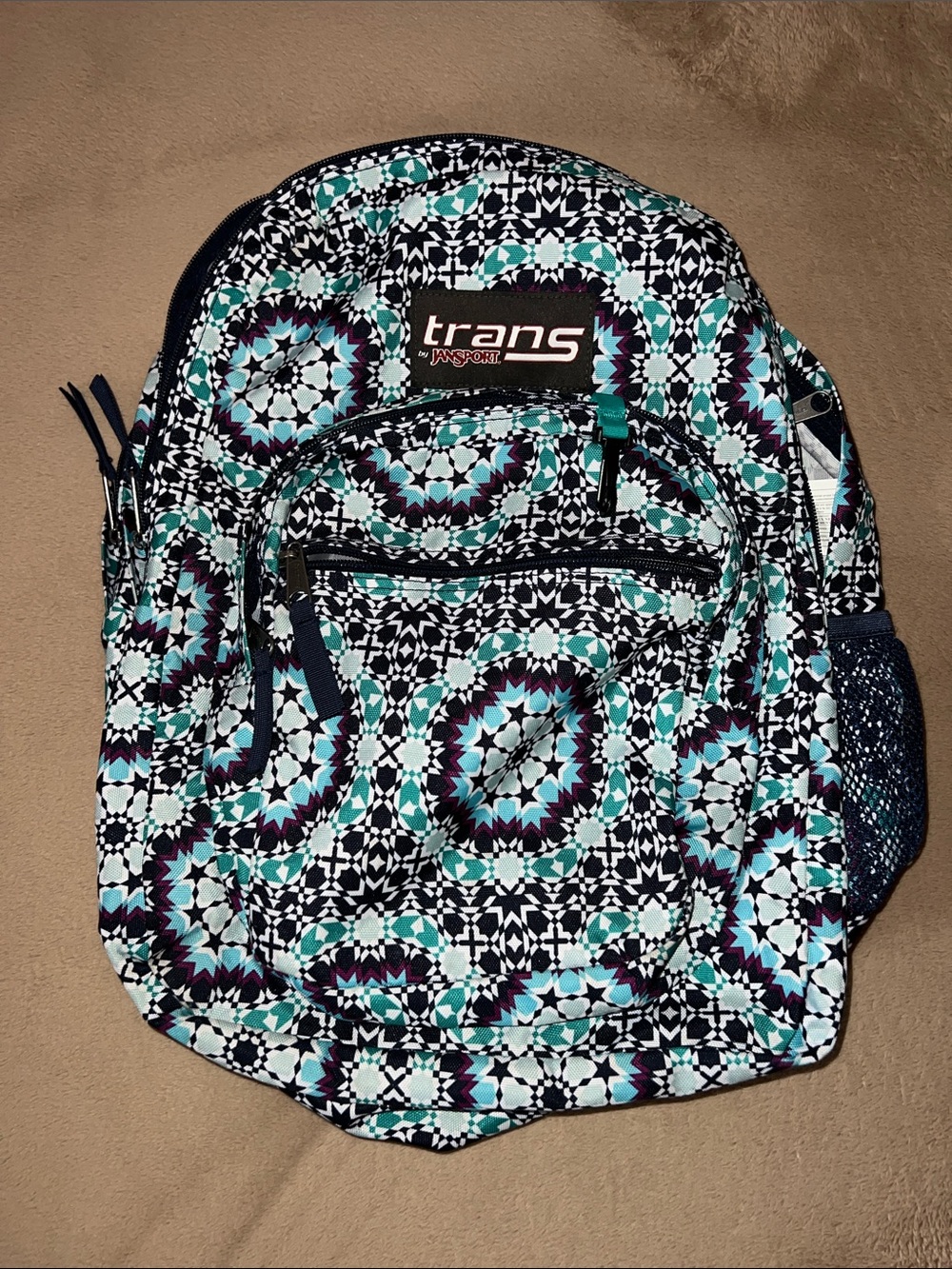 Trans by JanSport SuperMax Girls Teal Blue Pattern School Full Size Backpack 17”